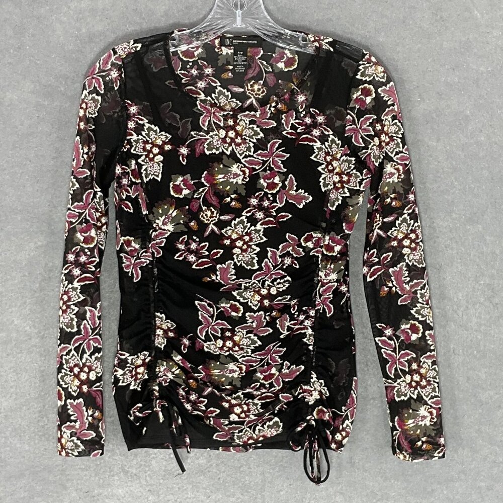 Vintage INC International Concepts Womens Top XS Floral Mesh Ruched Boho Y2K